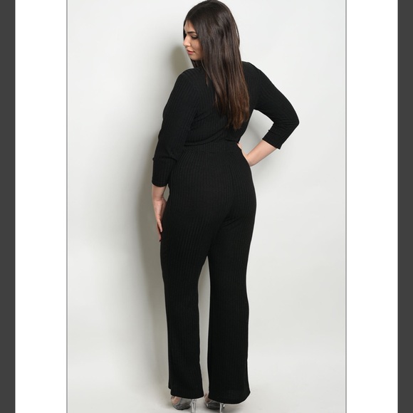 Plus Size Black Ribbed Knit Choker Jumpsuit - Picture 3 of 6